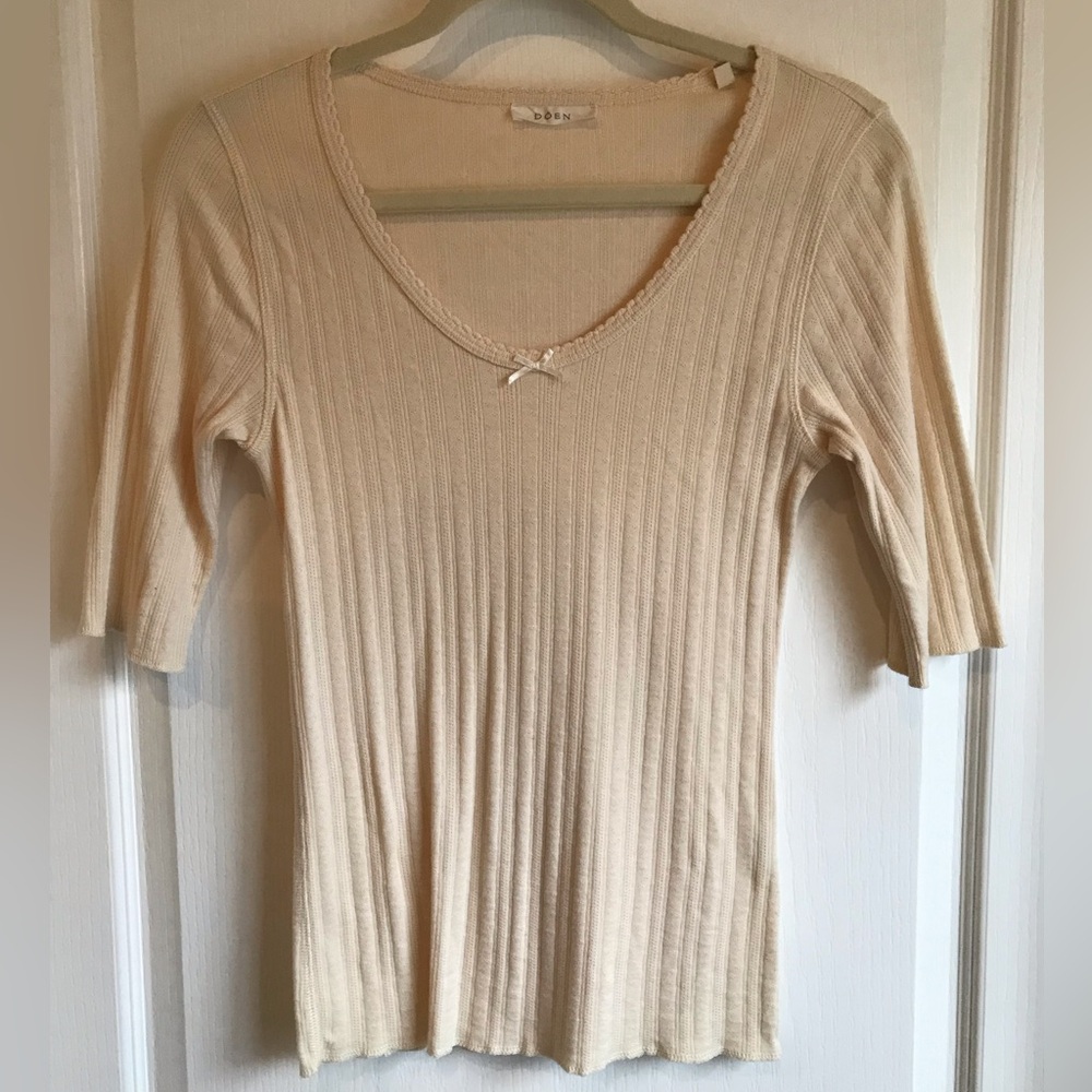 DOEN Pointelle Henley Scoop Neck Tee w/ Rainbow Trim in Salt Oatmeal Cream Sz M - Picture 10 of 11